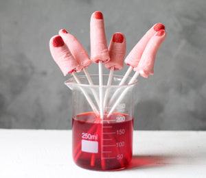 Life size severed finger lollipop for Halloween